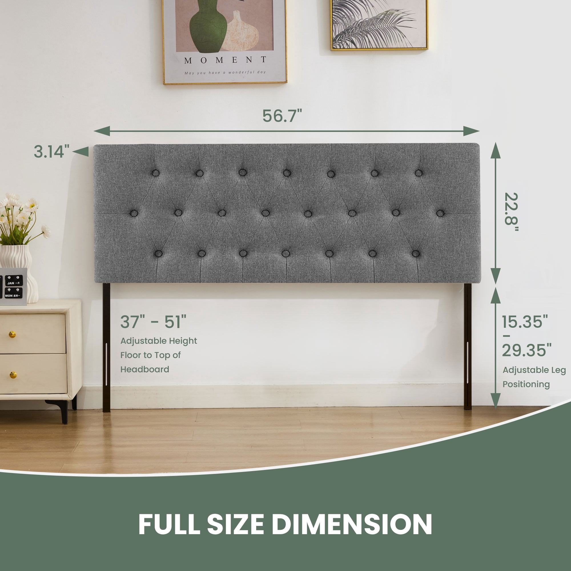 JONPONY Tufted Upholstered Headboard Full Size, Solid Wood Head Board with  Adjustable Height  Headboard from 37" to 51",Bed Frame Adapters,Gray,Headboard Only