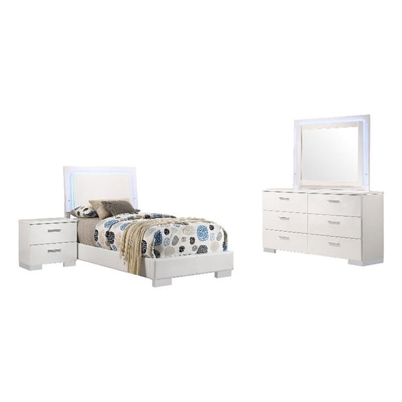 Sok 4pc Twin Bedroom Set- Blue LED Lights- Faux Leather- White Wood