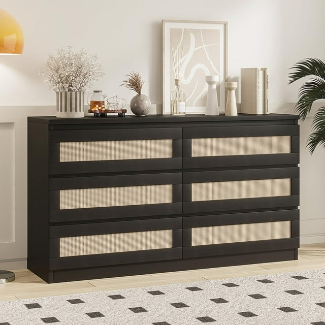 Commode à 6 Tiroirs en Rotin, Commode Double avec Trousse Anti-Basculement