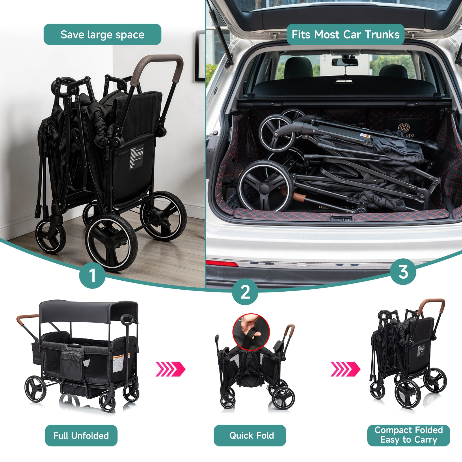 Folding Push Pull Wagon Stroller for 2 Kids – Adjustable Canopy UPF 50+ and Mosquito Net, 5-Point Harness, All-Terrain Wheels, Large Storage with Snack Tray, Ideal for Baby Toddler Park Beach Travel