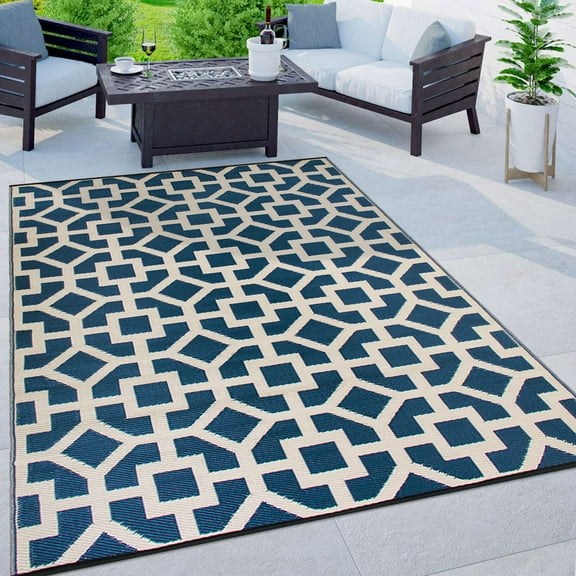 World Rug Gallery Contemporary Geometric Reversible Plastic Indoor and Outdoor Picnic Mat, Camping Rug, RV Rug - NAVY 5' X 7'