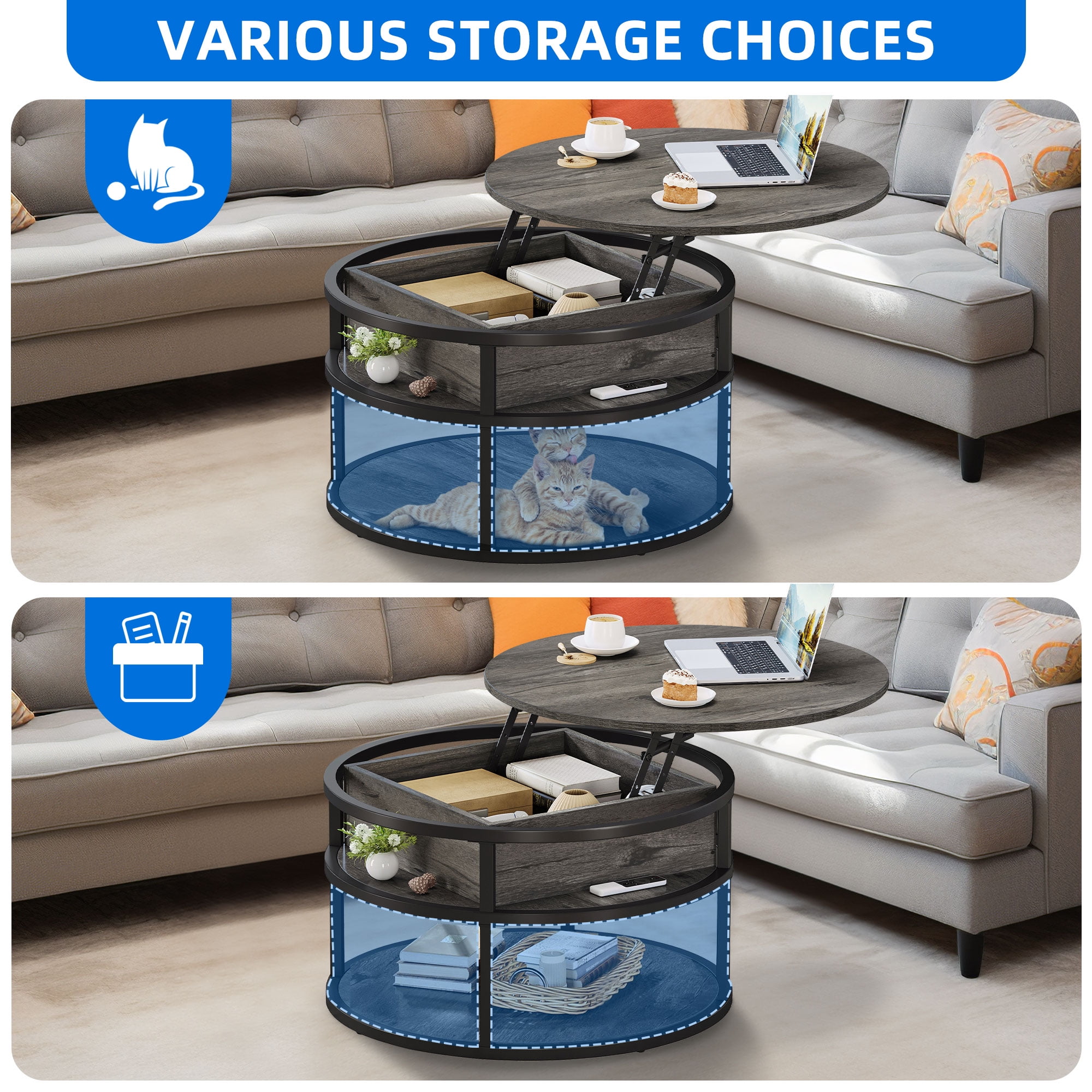 Dextrus Modern Lift Top Coffee Table with Storage, Round Center Tables for Living Room, Home Office, Gray