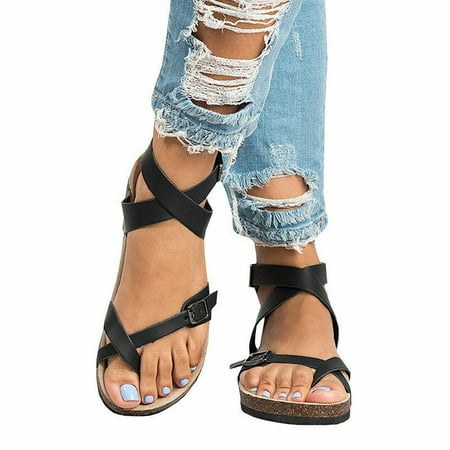Flip Flop Anklet - Women’s gladiator Sandals Ankle Buckle Crisscross Thong Flip Flop Strappy Summer Flat Shoes (Black/US 6)
