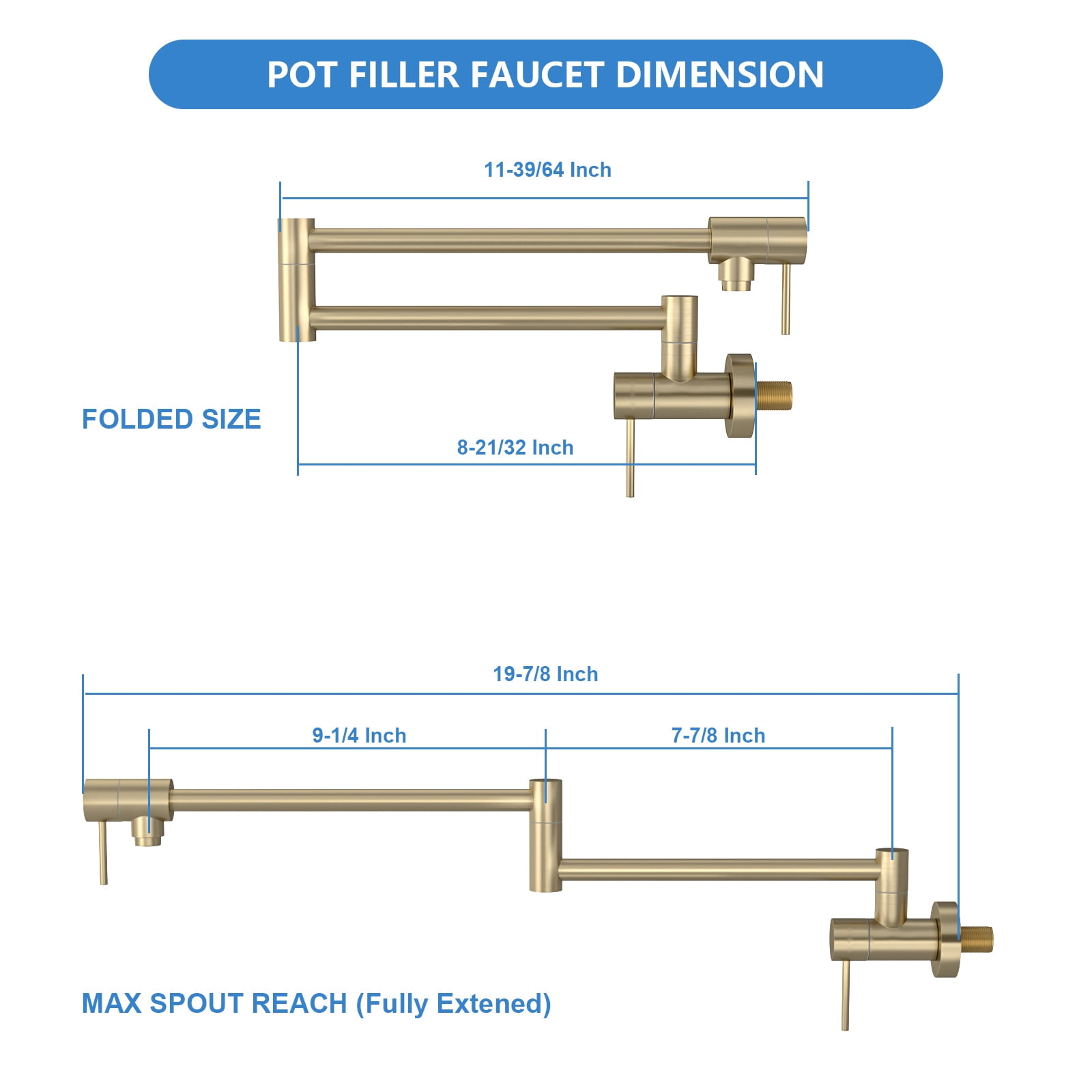Pot Filler Faucet Wall Mount Gold, 20" L Stainless Steel Folding Kitchen Faucet with Double Joint Swing Arm, Commercial Pot Filler with 360° Swivel Spout & ABS Aerator
