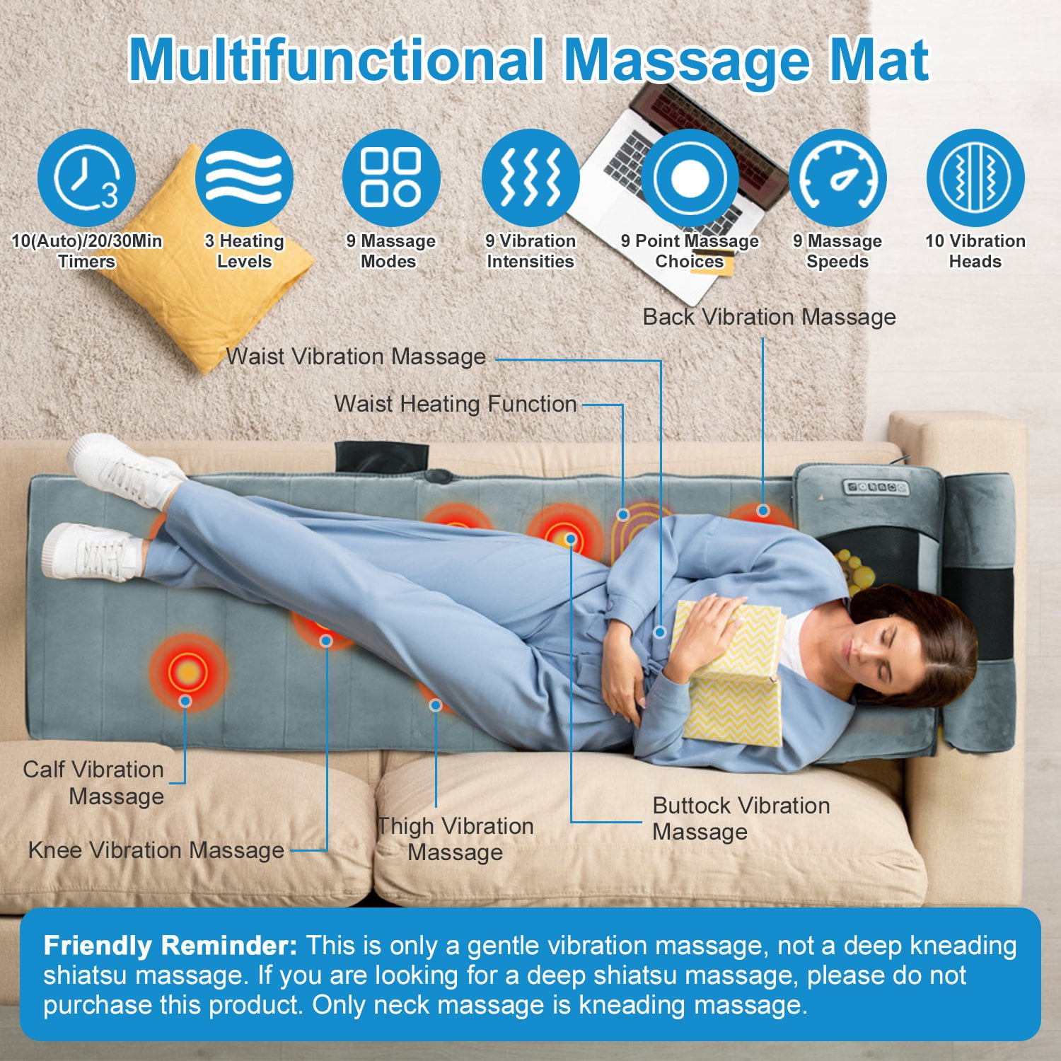 Full Body Massage Mat with Neck Kneading Massager – 10 Vibration Points, 9 Massage Modes, Heating & Inflatable Lumbar Pillow, Portable Home Spa Gift Set, Gray
