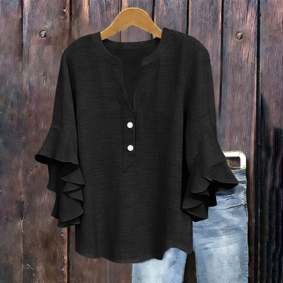 Xdegoge Cotton Linen Blouses for Women V Neck 3/4 Ruffle Sleeve Tops Casual Henley Shirts Loose Fit Tunic Tops for Leggings Summer Lightweight Breathable Shirts
