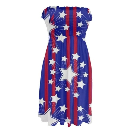 CHCNHAC Independence Day Beach Dresses for Women Patriotic Red White and Blue Graphic Dresses Cute Flowy Swing Strapless Cocktail Party Dress Royal Blue M