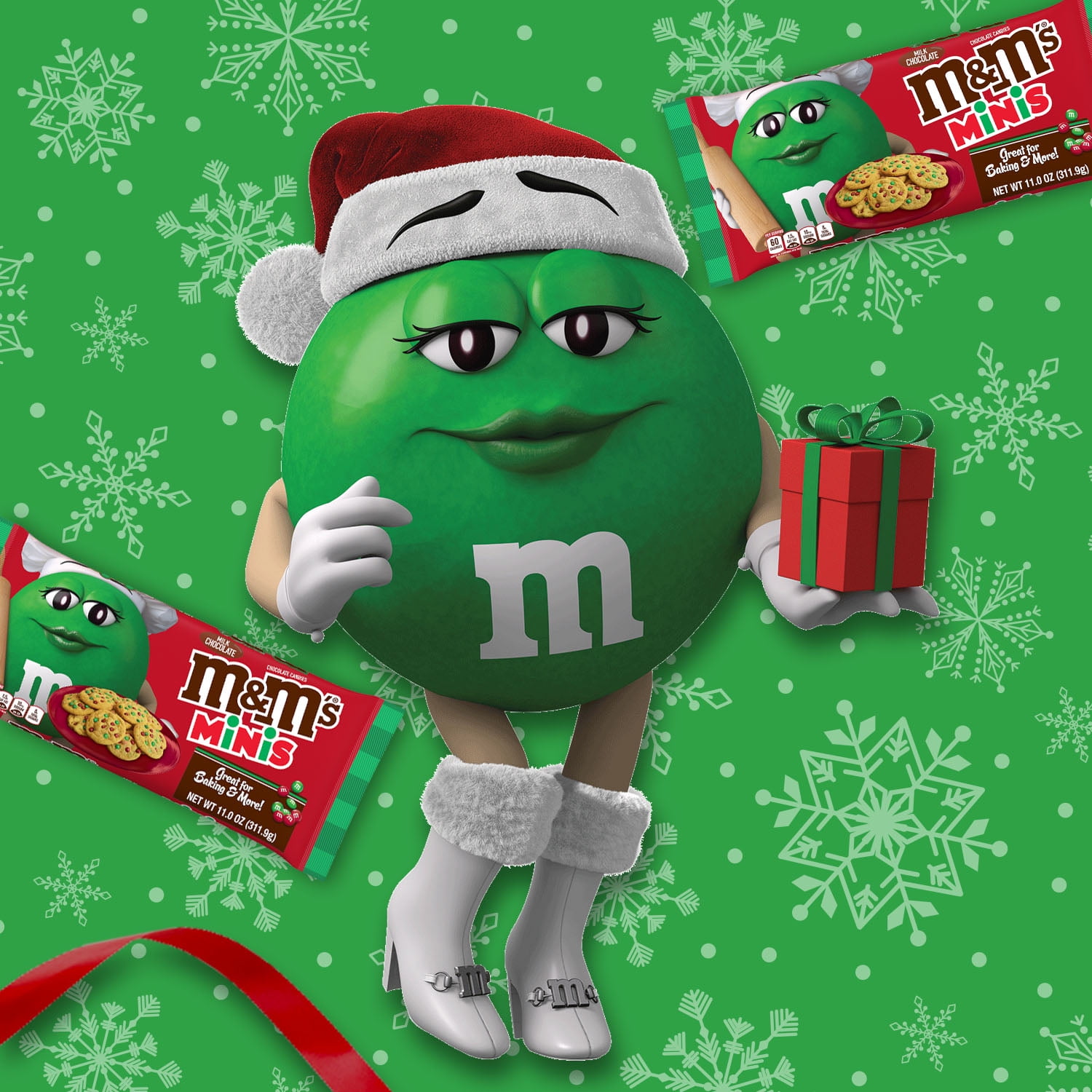 Green M & M with gift boxes  Christmas characters, M&m characters,  Christmas labels
