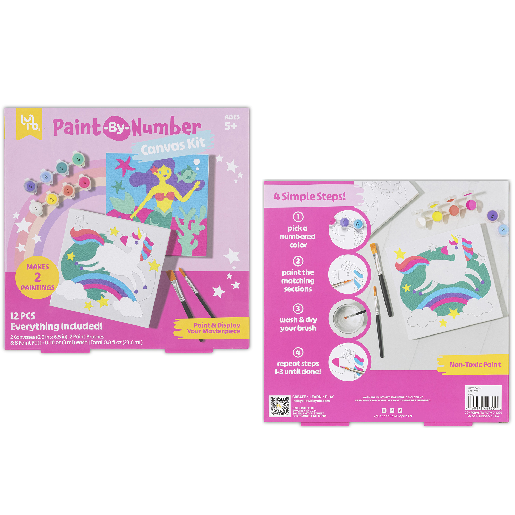 Little Yellow Bicycle: Unicorn & Mermaid Paint-By-Number Canvas Kit - All-In-1 Art Set, Magical Paintings, 8 Non-Toxic Paint Pots, 2 Brushes, Kids 5+