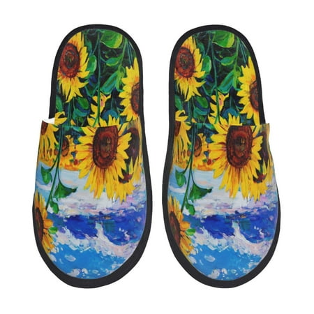 

Adobk Landscape With Sunflowers Print Slippers Indoor Outdoor Retro Slippers House Soft Fluffy Slides Cushion Furry Slippers-Medium