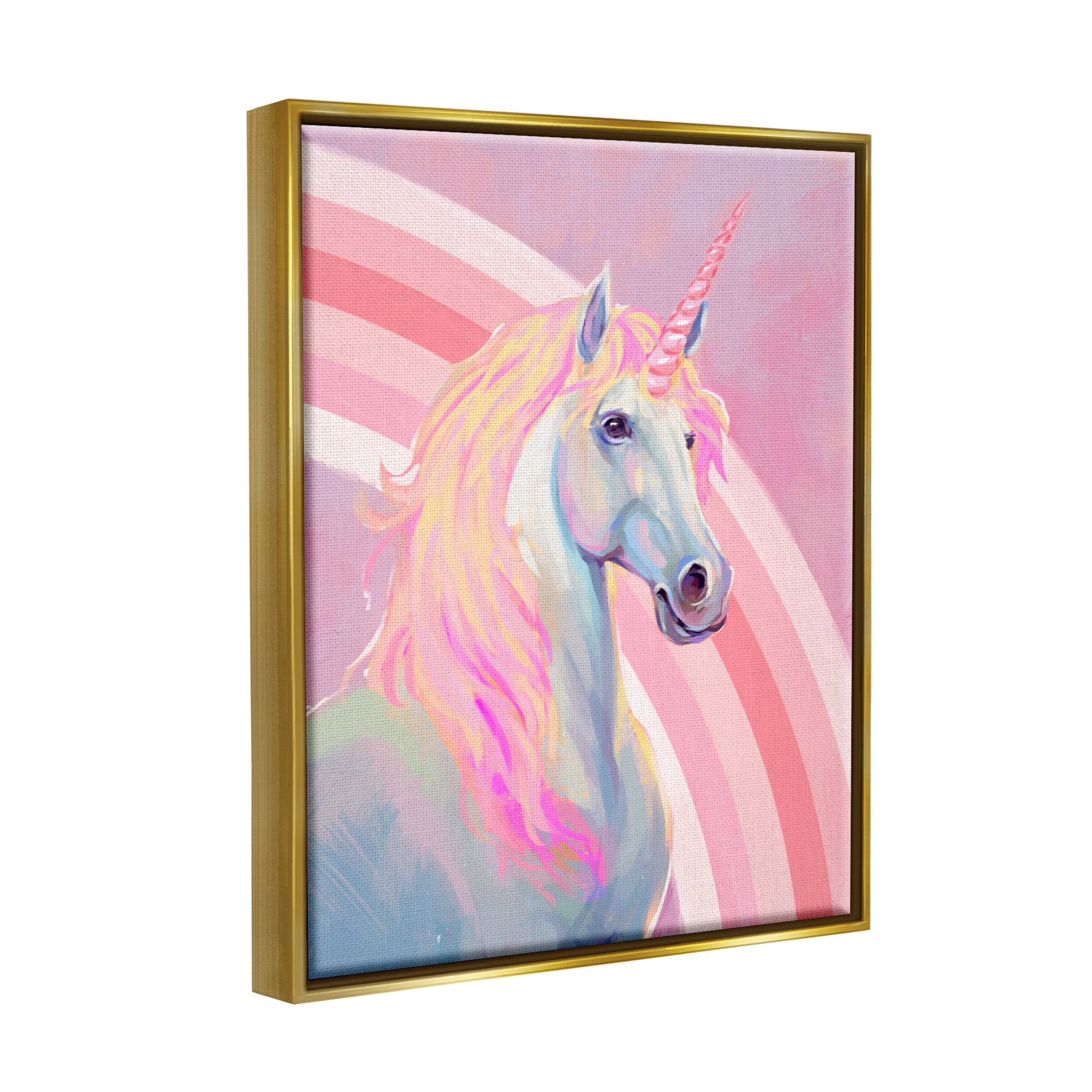 Stupell Industries Pastel Pink Unicorn Fairy Tales & Fantasy Painting Gold Floater Framed Canvas Art Print Wall Art, 17 x 21