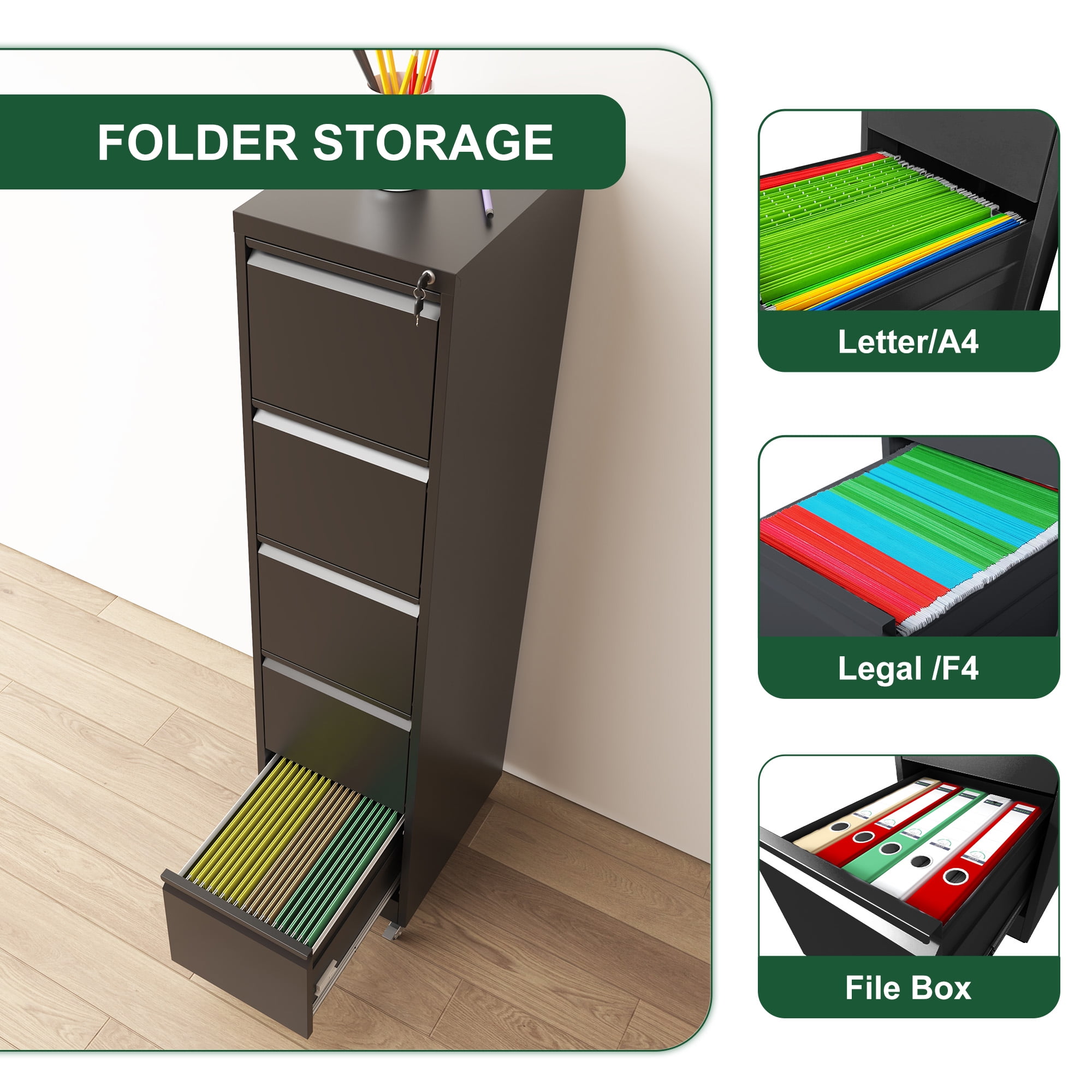 5 Drawer Metal Vertical File Cabinet with Lock on Wheels for Home Office,Heavy Duty Metal Storage Cabinet for A4/Letter/Legal Size Files, Black, 17.71"D*15.16"W*64.17"H