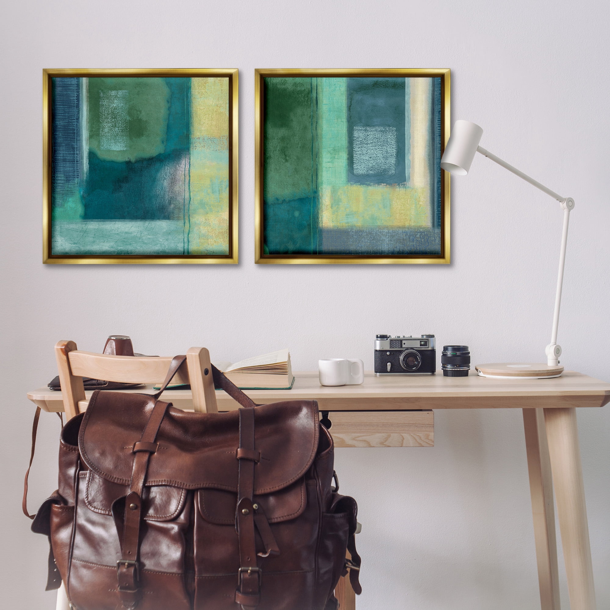 Stupell Industries Asymmetrical Soft Abstract Shapes Abstract Painting Gold Floater Framed Canvas Art Print Wall Art, 25 x 25, Set of 2