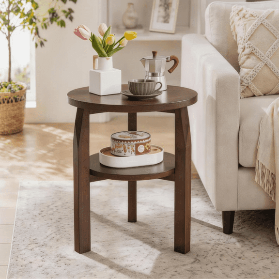Solid Rubberwood Round End Table, 2-Tier Side Table with Storage Shelf, Small Accent Table for Living Room, Bedroom
