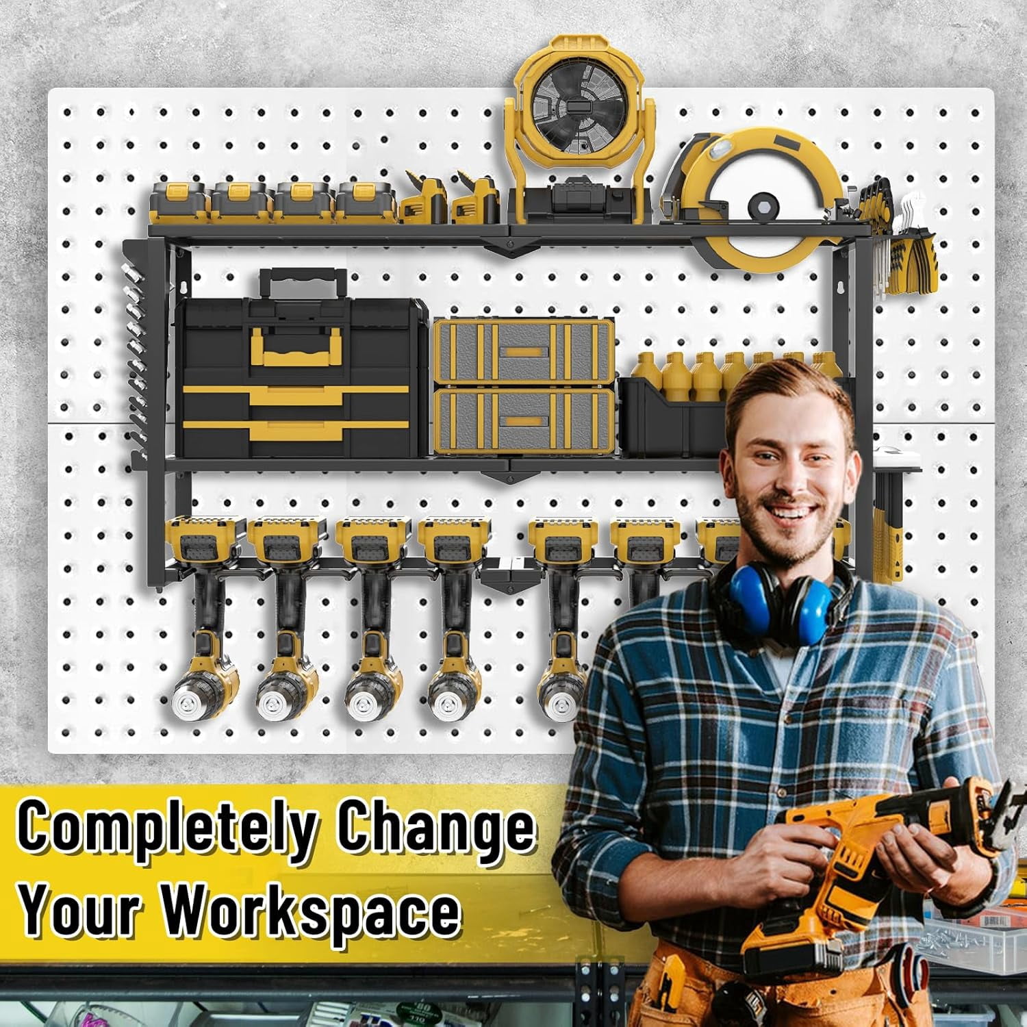 Heavy Duty 3-Tier Power Tool Organizer Wall Mount with 8 Drill Holders and Wrench Shelves for Garage Workshop Storage