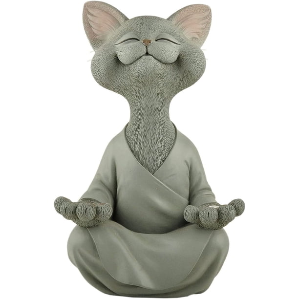 Estatua de Buda meditando con un gato gris caprichoso, escultura decorativa para jardín interior y exterior, colección Happy Cat, regalos para amantes de los gatos, mujeres, amantes de los