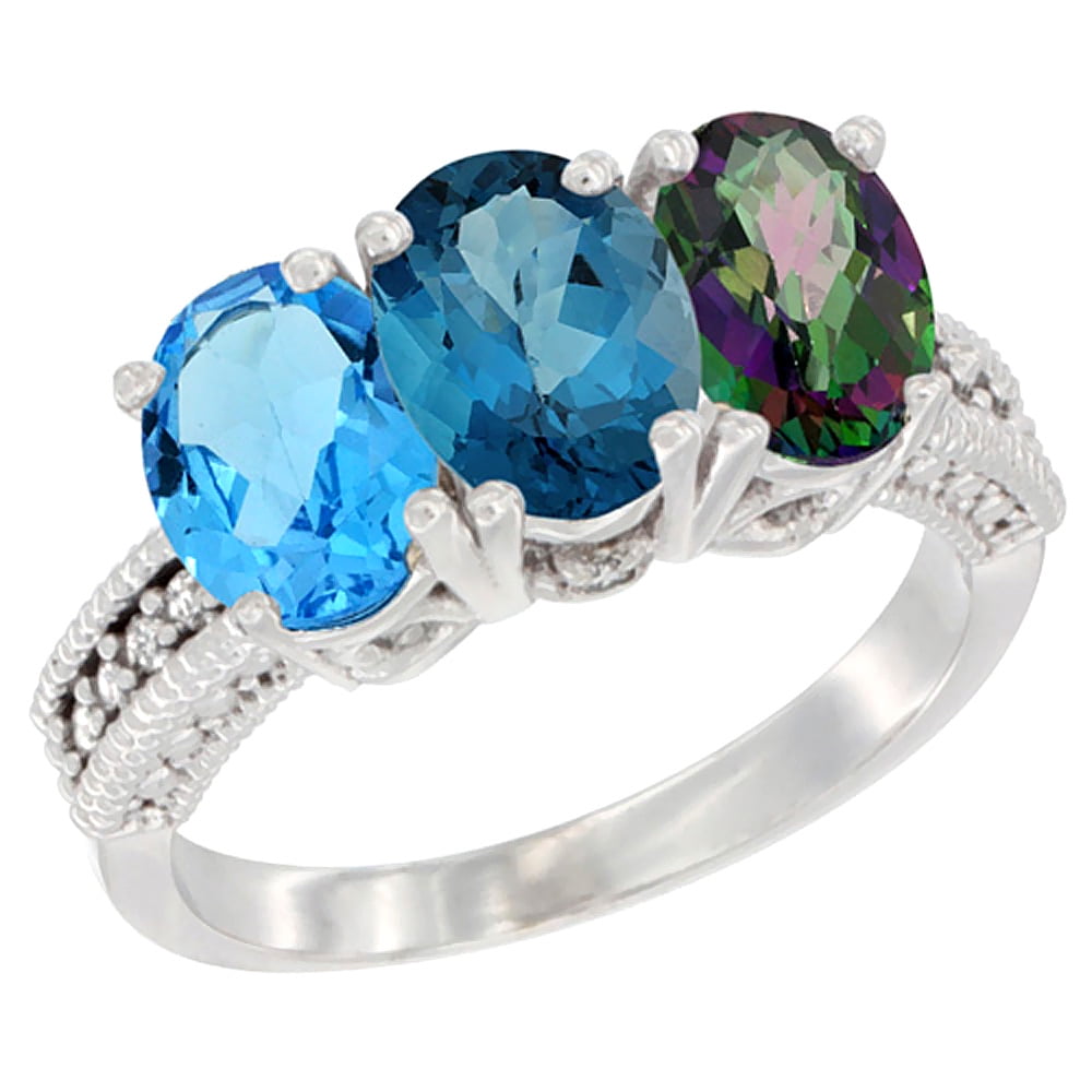 10K White Gold Natural Swiss Blue Topaz, London Blue Topaz & Mystic Topaz Ring 3-Stone Oval 7x5 mm Diamond Accent, sizes... by WorldJewels