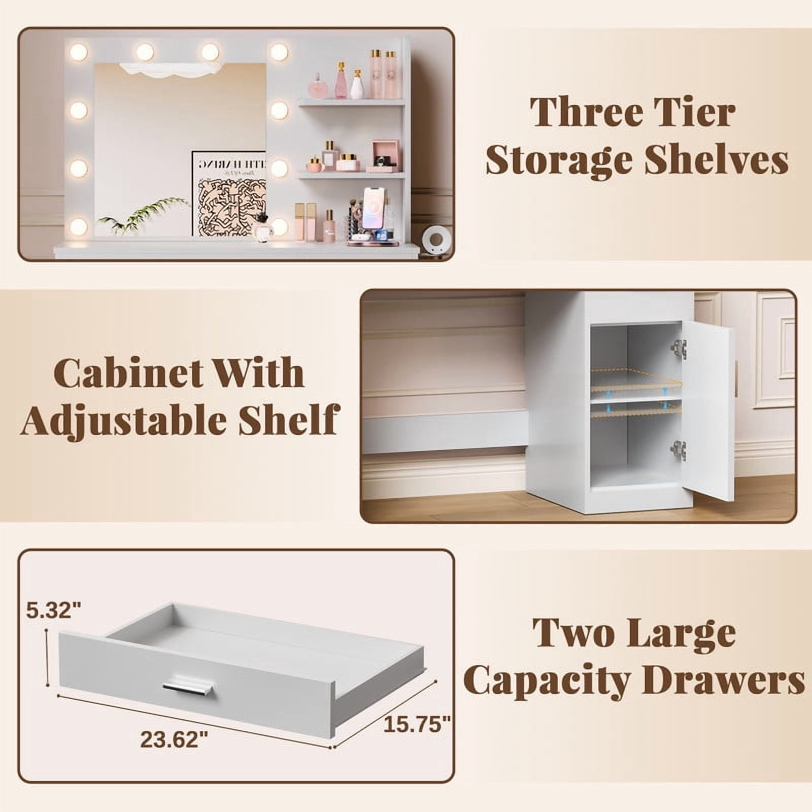 Homall Vanity Table Set with Lights, Mirror & Storage, Makeup Vanity Desk with Power Outlet for Bedroom, White