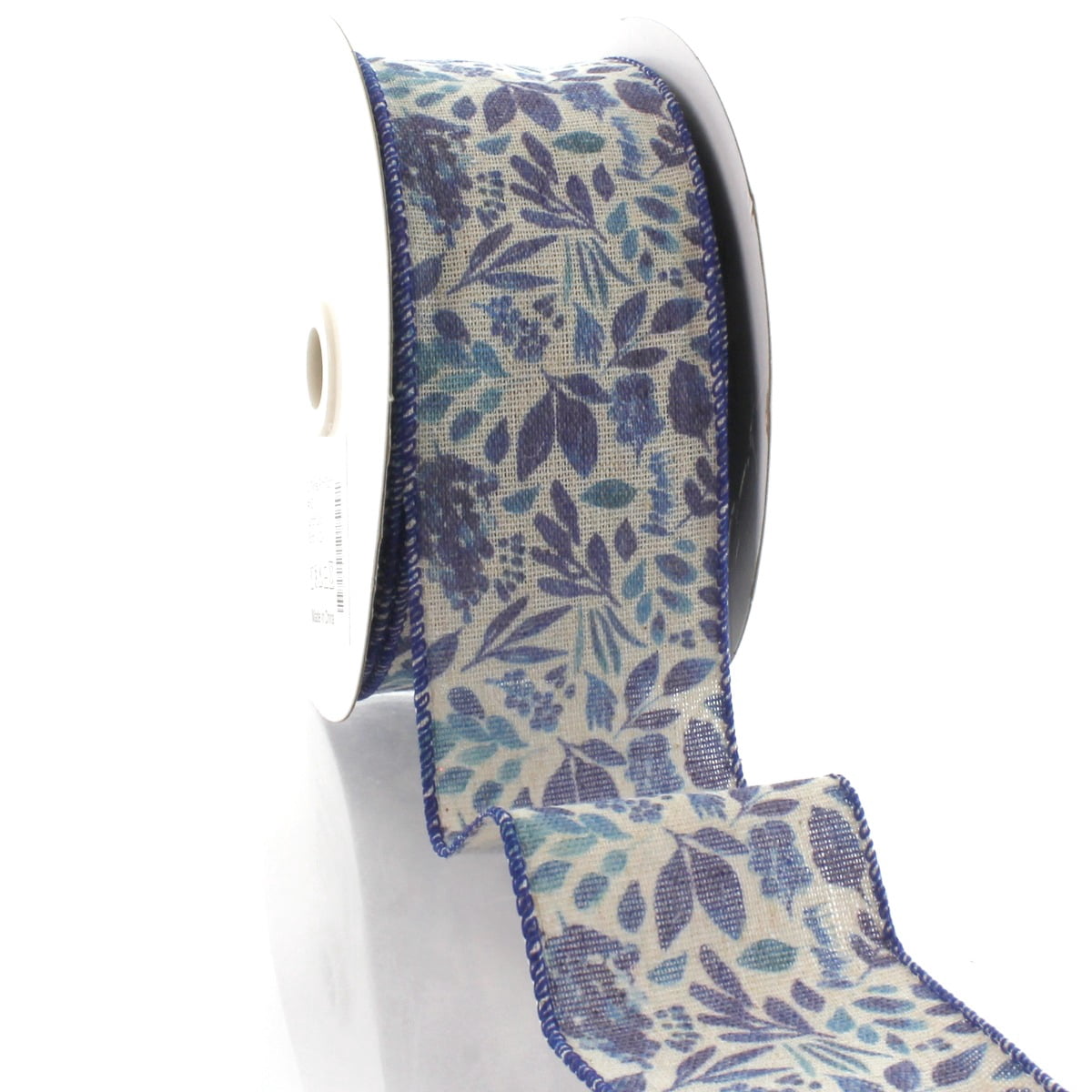 2 1/2" Wired Ribbon Blue Watercolor Foliage Burlap 25yds