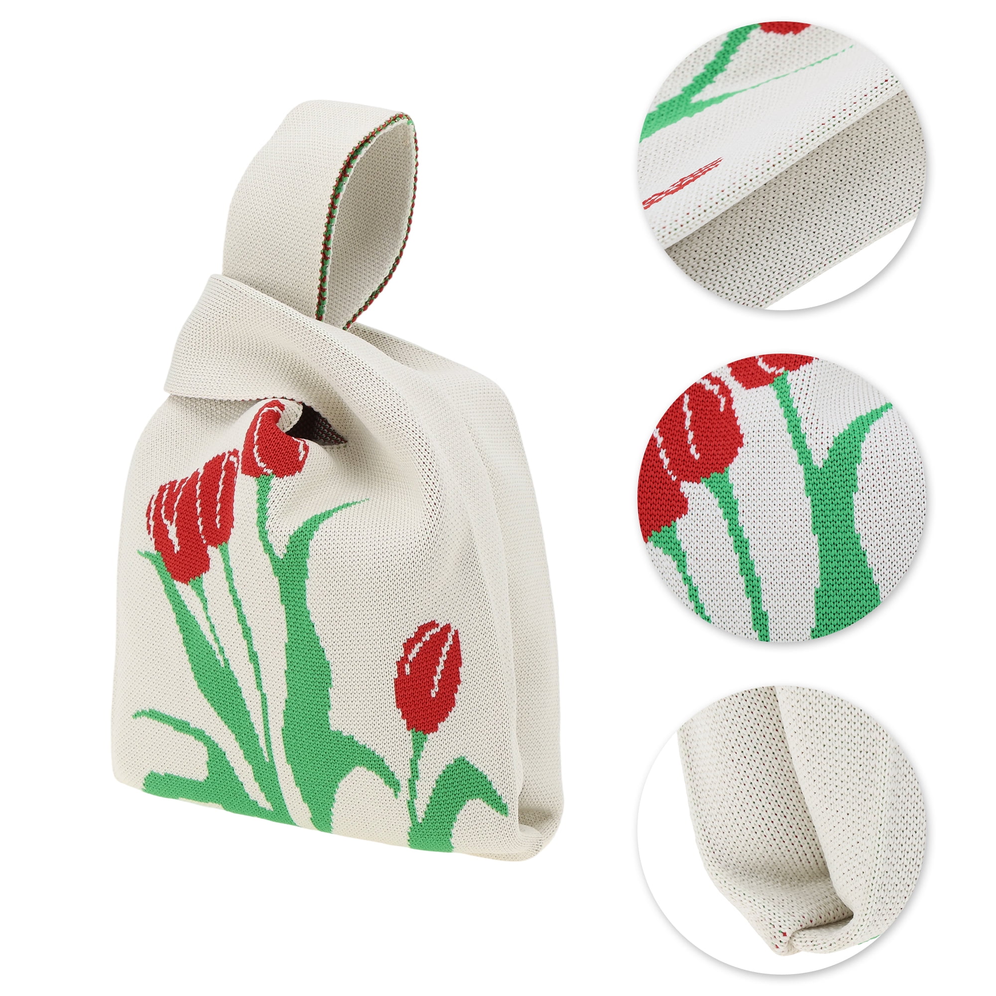 Unique Bargains Stylish Versatile Mini Flowers Knitted Wrist Bag for Women Beige
