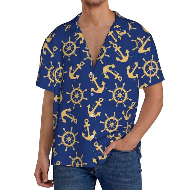Balery Anchors and Nautical Camisa Casual de Manga Corta con Botones para Hombre, Texturizada, Estilo Cubano, para Playa, Verano-Medium