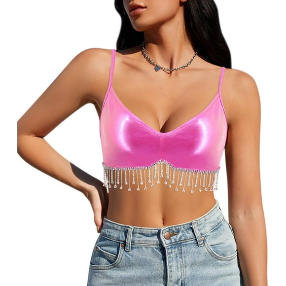 ia's Choice Women Girls Sequin Off Shoulder Tube Top Blouse Stretchy Chest Wrap Party Crop Top Vest Metallic Pink Large