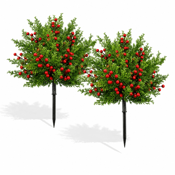 2 Pcs Artificial Red Pine Branches Cedar Topiary Trees 21.7" for Outdoors with Ground Spike, UV Resistant Faux Cypress Plants for Front Porch Garden Backyard Christmas Decorations