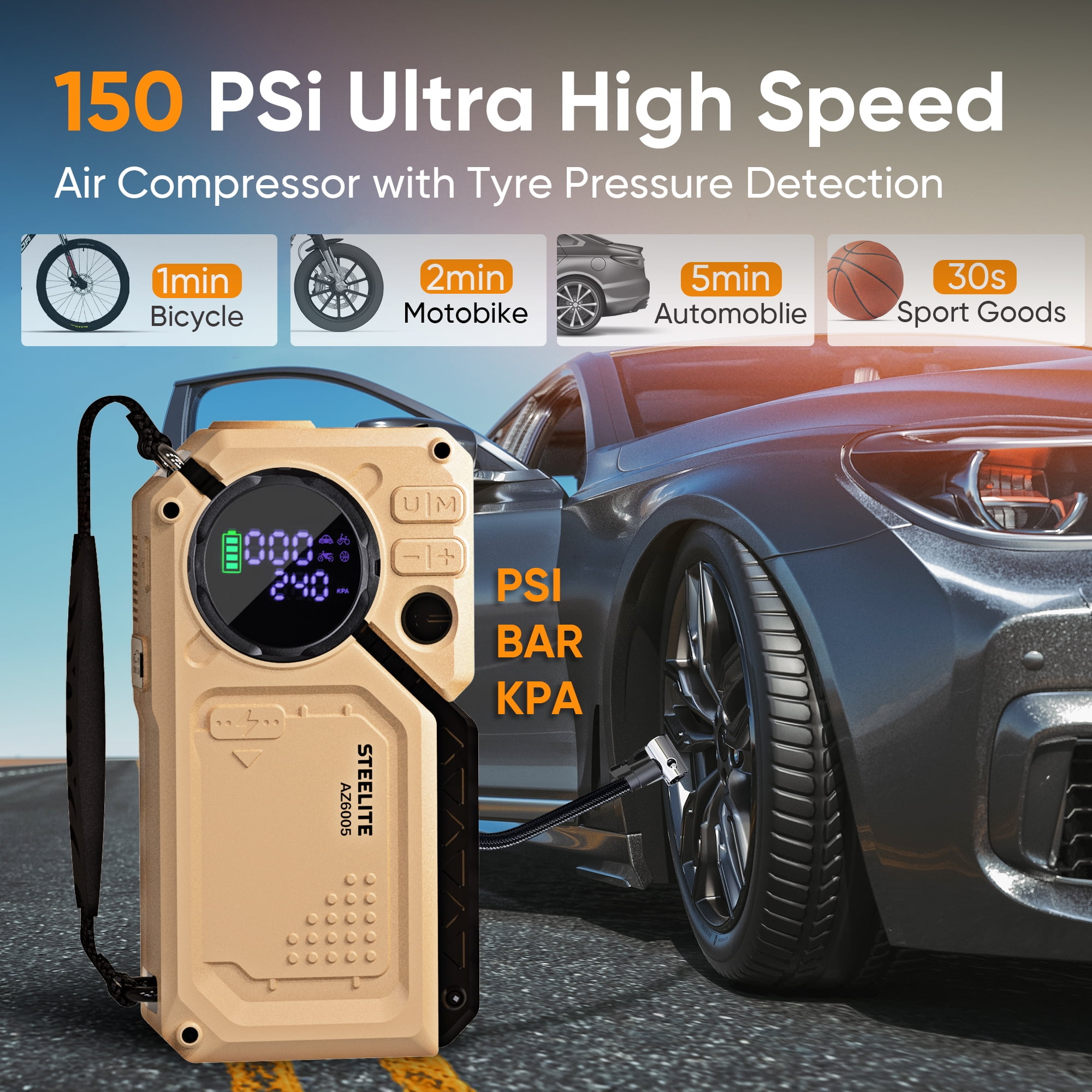 Steelite 6000A Car Battery Jump Starter with Air Compressor 150 PSI,  Powerful Car Jump Starter (All Gas/12L Diesel), 12V Jump Box with USB Quick Charge,7-in-1 Jump Starter Power Bank