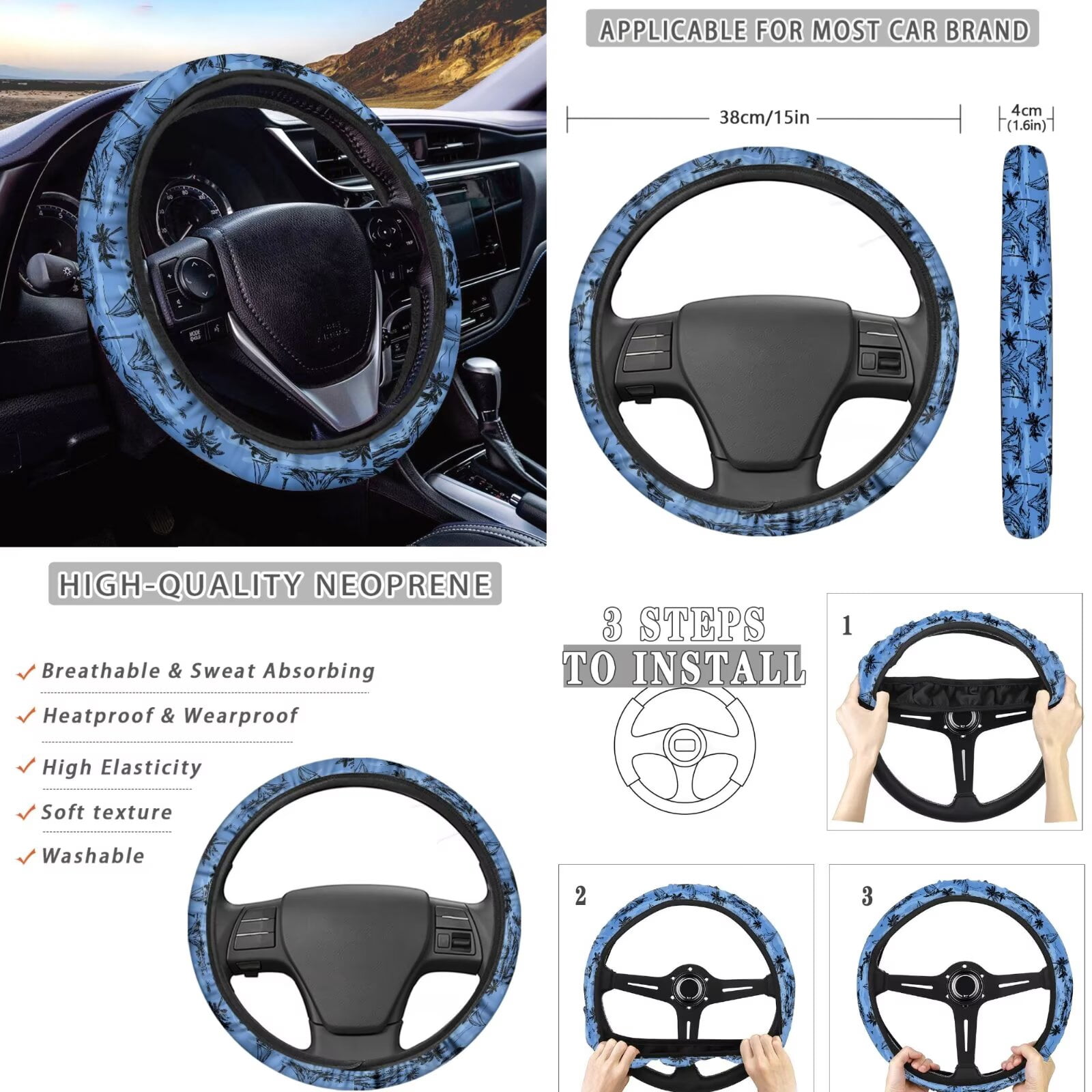 FKELYI Car Seat Covers with Steering Wheel Cover Auto Center Console Pad Seat Belt Pads Blue Palm Tree Sailboat Print Head Rest Covers Gear Shift Cover Hanbrake Cover for Most Vehicle, 16 Pcs