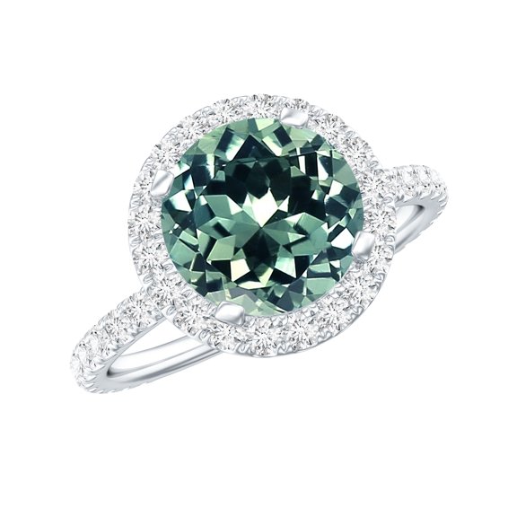 Rosec Jewels Lab Created Green Sapphire Ring with Moissanite Halo for Women (AAAA Quality), 925 Sterling Silver, US 4.00