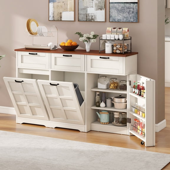 Dextrus Tilt Out Trash Can Cabinet with Drawers & Doors, Kitchen Cabinet for Double 10-gal Trash Bins Storage, White