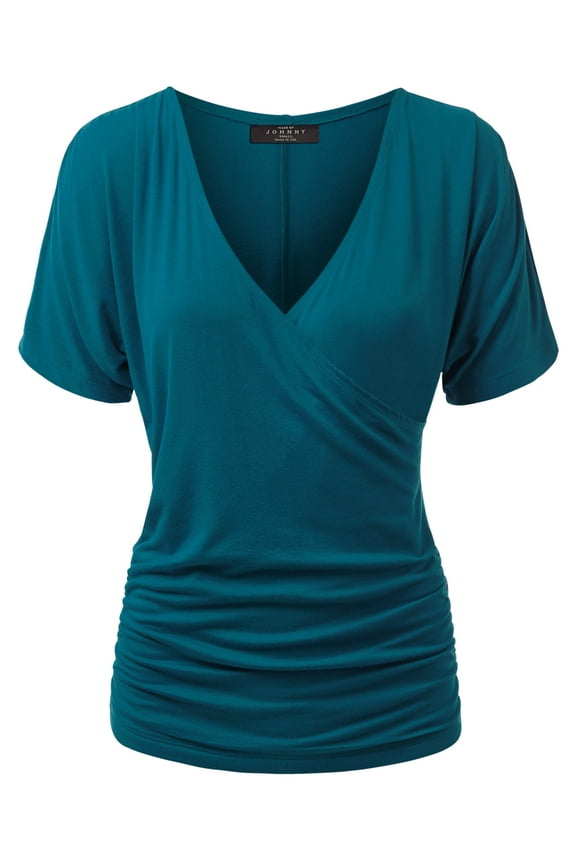 Women's V Neck Short Sleeve Wrap Front Drape Dolman Top L TEAL