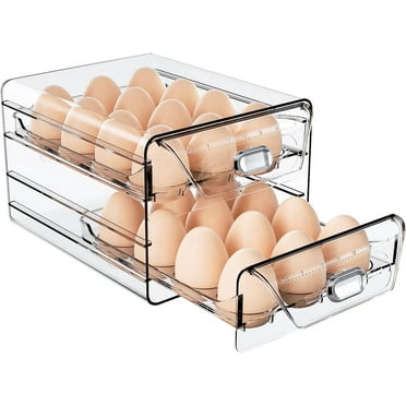 Clear 24 Egg Holder for Fridge, High Capacity Egg Organizer for Refrigerator with Time Scale, Stackable Egg Container Storage with Drawers (2 Layer, 7.9"x 6.3"x 5.5")