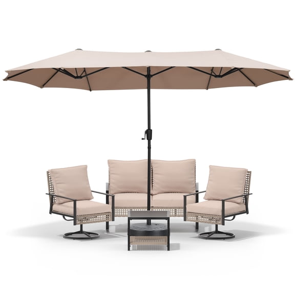 Autlaycil 6 pcs Patio Furniture Set, 13ft Beige Patio Umbrella and Base, Beige Wicker Rattan Rocker Loveseat, Swivel Rocking Chairs, Coffee Table
