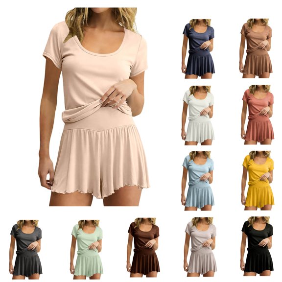 Bixock Women's 2 Piece Pajama Set,Pajamas for Women Solid Color Round Neck Short Sleeve Top Short Pants Summer Lightweight Sleepwear