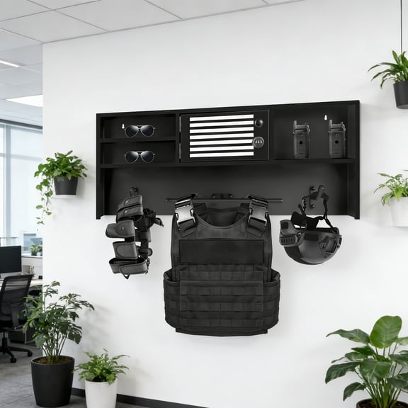 Police Gear Rack, Wall Mounted Police Hanger, Police Equipment Rack - Wall Mounted Black Heavy-Duty with Combination Lock, 1 Shelf for Bar