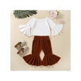 thumbnail image 3 of Seyurigaoka 2 Pcs Baby Girl Pants Outfit Set Off Shoulder Solid Color Tops Long Flared Sleeve T-Shirt Elastic Waist Bell-Bottoms Pants for 6M-3Y Kids, 3 of 8