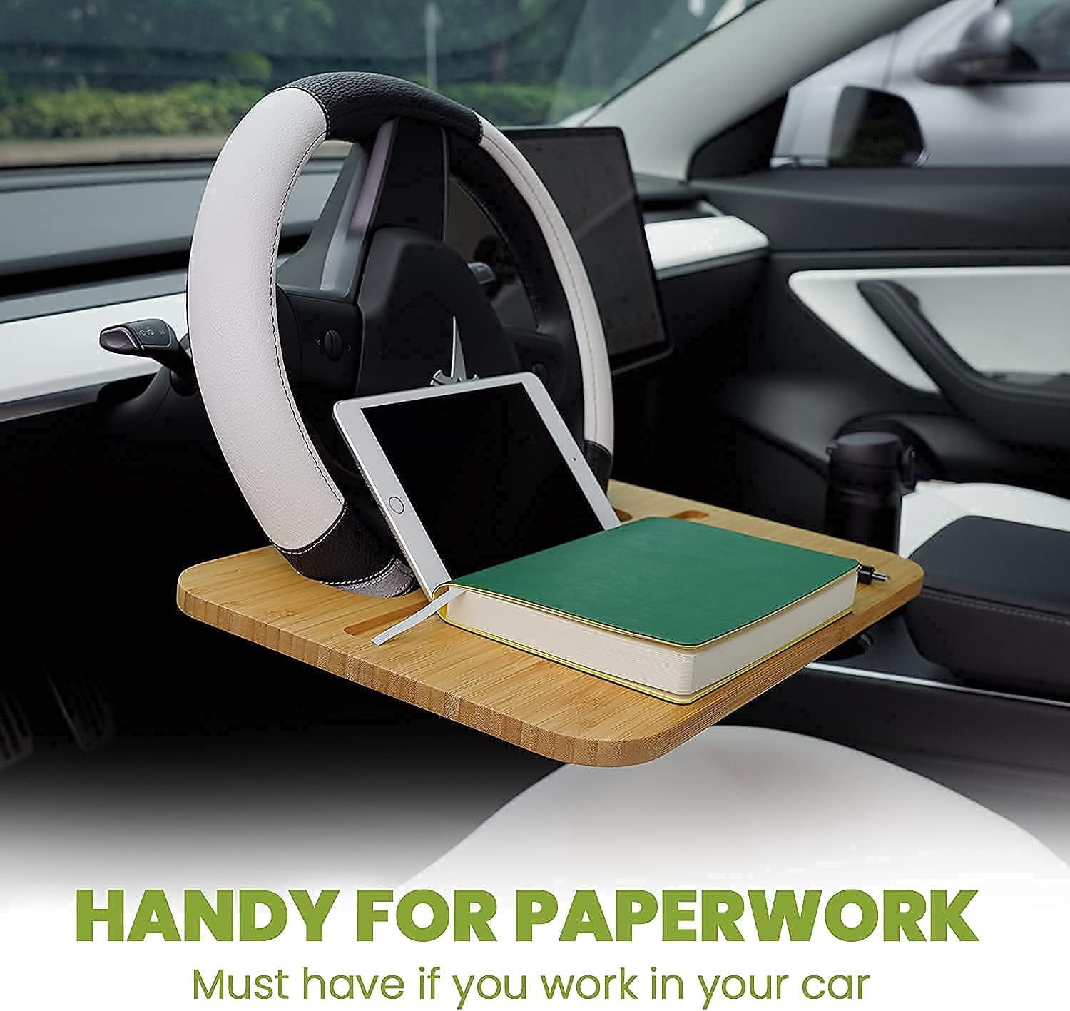 XZKING 2 in 1 Car Steering Wheel Desk, Bamboo Double-Sided Steering Wheel Tray for SUV or Truck, Car Food Tray, Car Desk for Laptop Mount