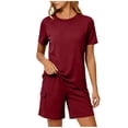thumbnail image 5 of Women's 2 Piece Home Wear Crew Neck Short Sleeve Tops Elastic Waist Pockets Shorts Summer Comfy Lounge Sets (XL, Wine), 5 of 6