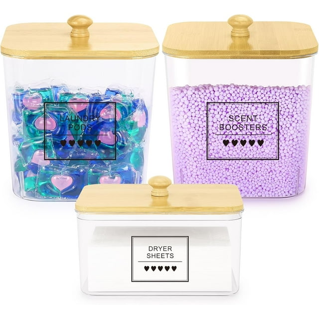 3 Pack Clear Laundry Pods Container & Dryer Sheet Holder, Plastic Square Laundry Room Organization and Storage Jars with Lids, Scoops & Labels for Detergent