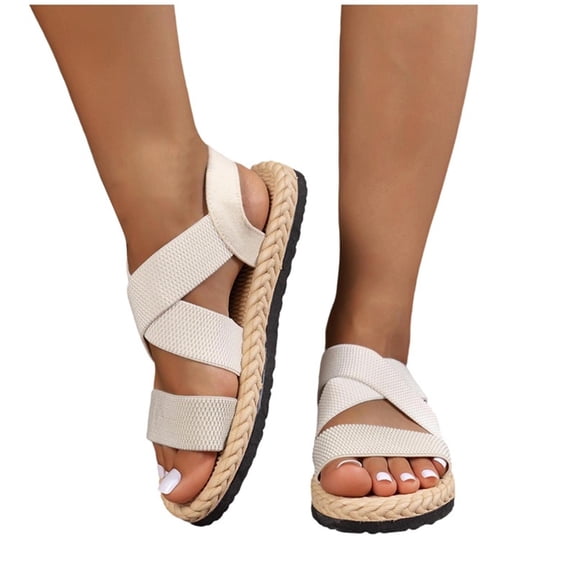 Wedge Sandal For Women Woven Ankle Strap Open Toe Summer Non-Slip Comfy Casual Vacation Beach Boho Shoes (9.5, White)