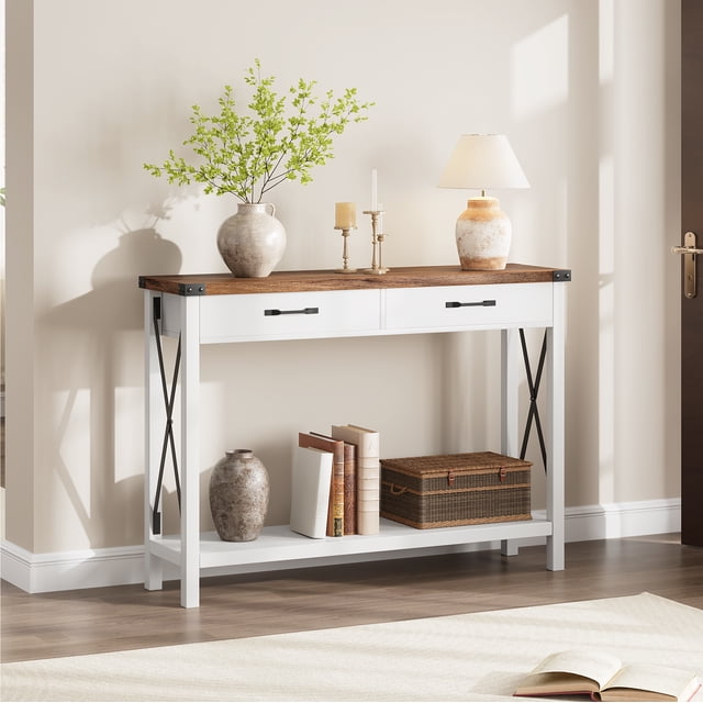 EDTara Narrow Rustic Console Table, Entry Hallway Stand With Storage Drawers and Open Shelf
