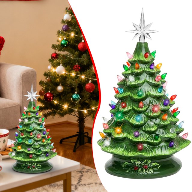 Christmas Decorations Desktop Ornament 15 Inch Green Ceramic Christmas Tree Night Light Battery Operated & Plug In Holiday Decor With 30 Warm LED Lights Desktop dress up