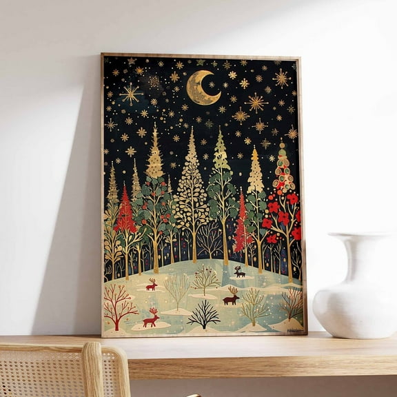 PosterArt Winter Holiday Poster, Festive Snowy Landscape Art, Reindeer and Tree Wall Print for Cozy Seasonal Decor, 8x12 UNFRAMED