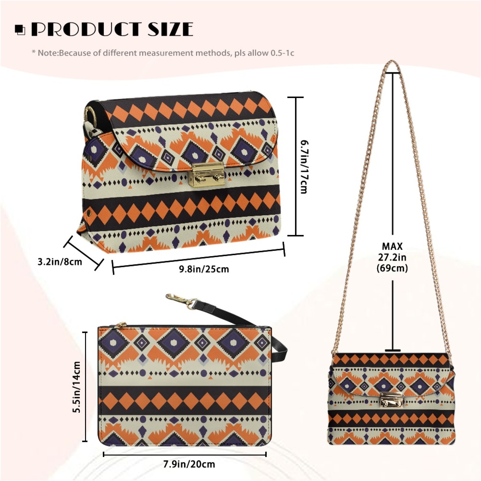 SCRAWLGOD American Tribal Orange Black Leather Quilted Crossbody Bags for Women Minimalist Purses for Women Crossbody Bag with Detachable Chain Handbags for Travel