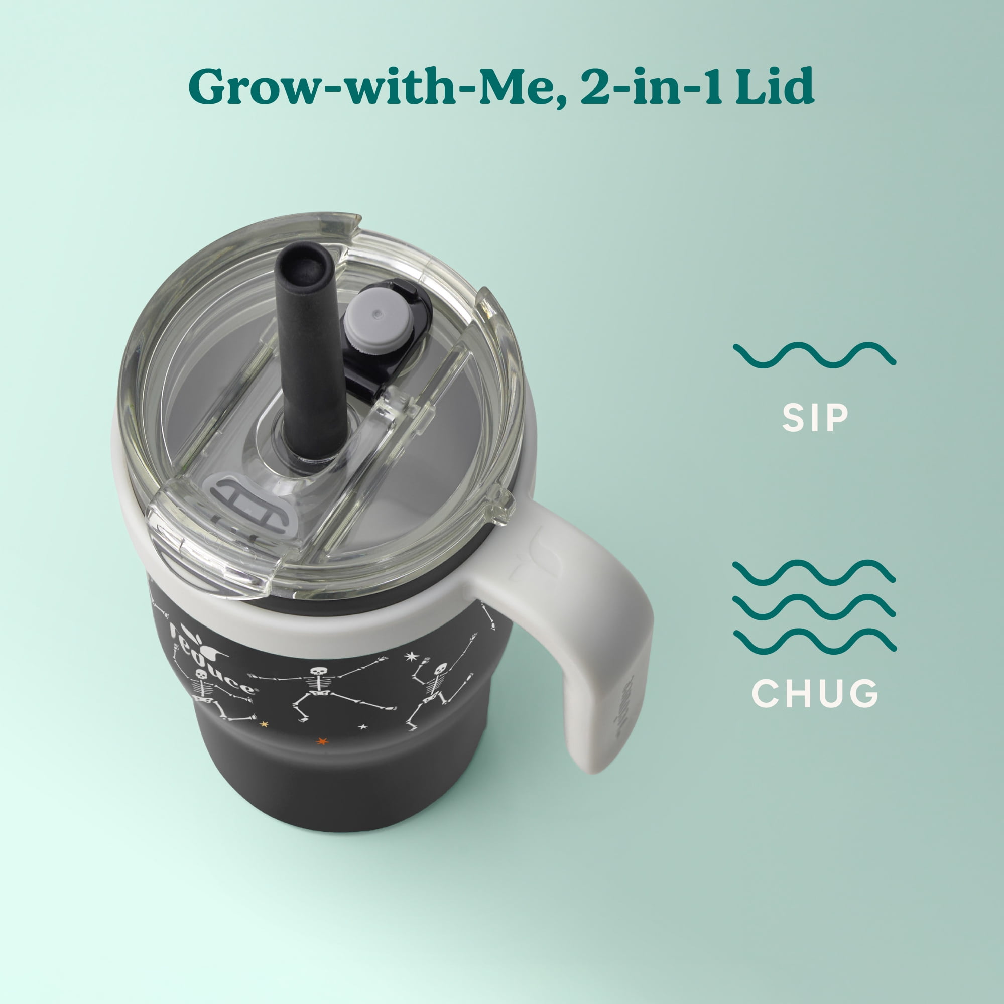 Reduce Coldee Kids 18 oz Halloween Tumbler with Spill-Proof Straw & Handle. Insulated Stainless Steel, Boogie Bones