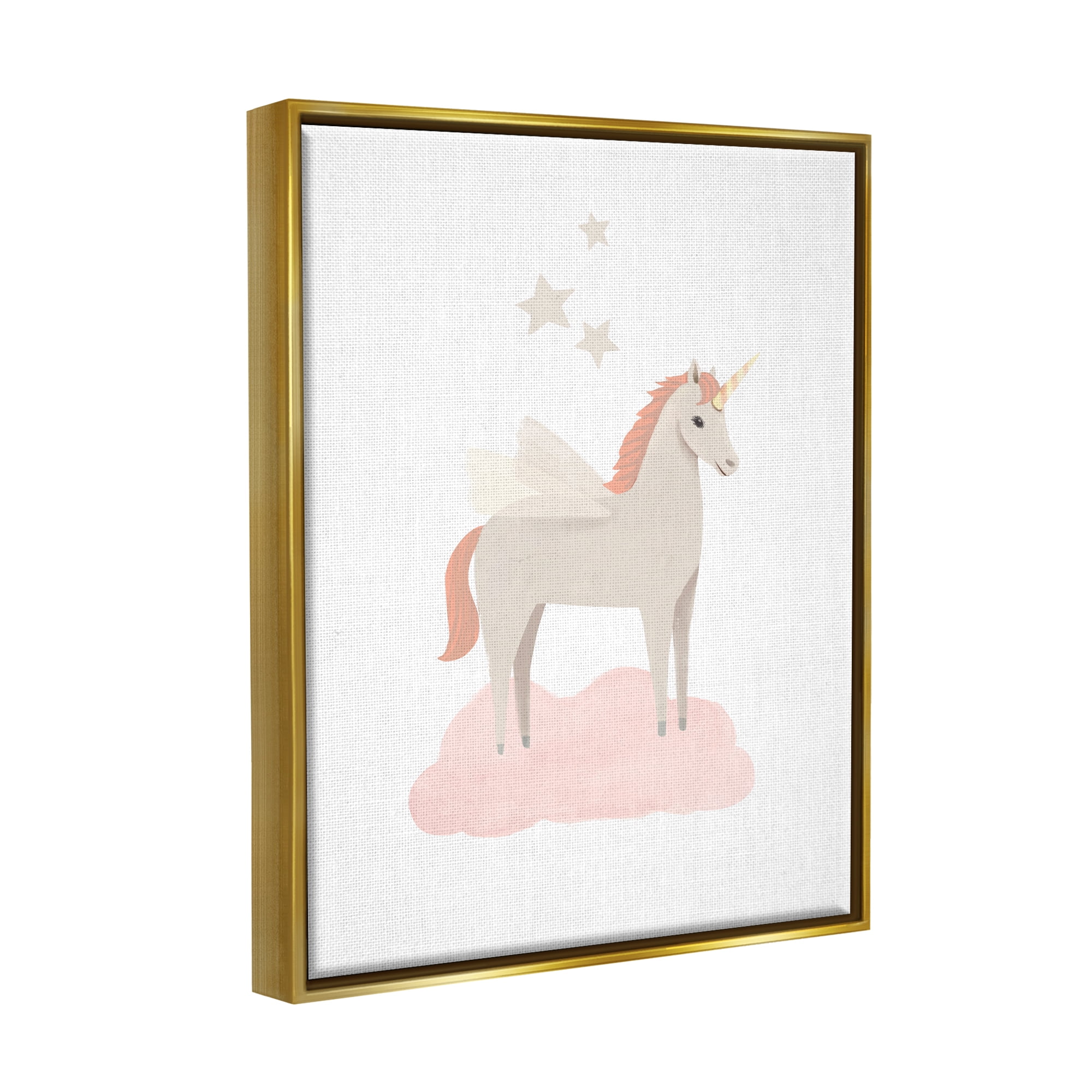 Stupell Industries Unicorn on Pink Cloud Fairy Tales & Fantasy Painting Gold Floater Framed Art Print Wall Art, 25 x 31
