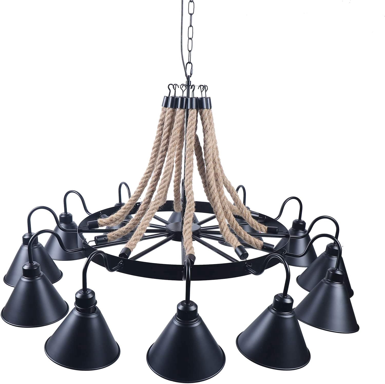 Miumaeov 12 Lights Industrial Rustic Chandelier Rope Pendant Light Farmhouse Round Wagon Wheel with Metal Shade Pendant Lighting Fixture for Dinning Room Kitchen Island