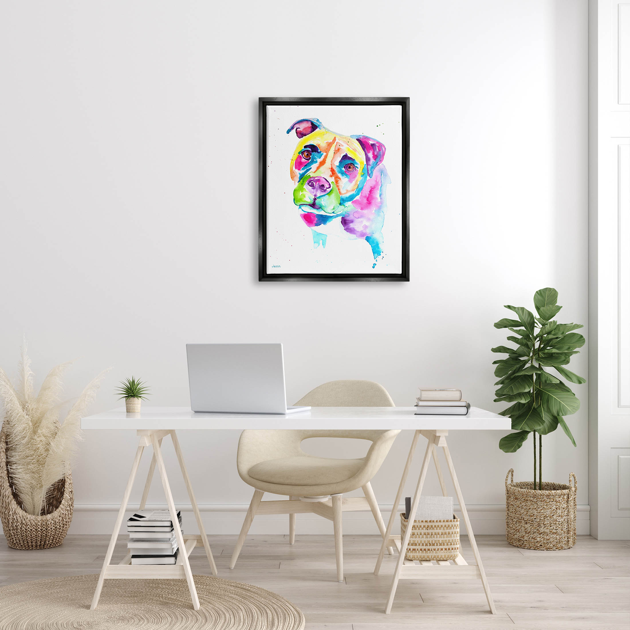 Pit Bull Casual Watercolor Style Animals & Insects Graphic Art Jet Black Framed Art Print Wall Art