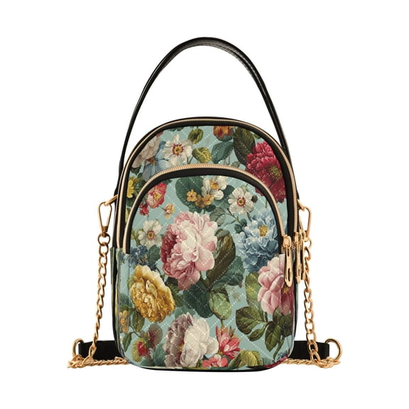 Quilted Women's Crossbody Bag Purses and Handbags with Detachable Leather Strap Floral Pattern with Roses